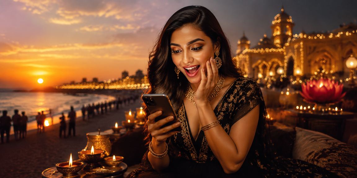 Young Indian woman betting on mobile during Diwali in Chennai