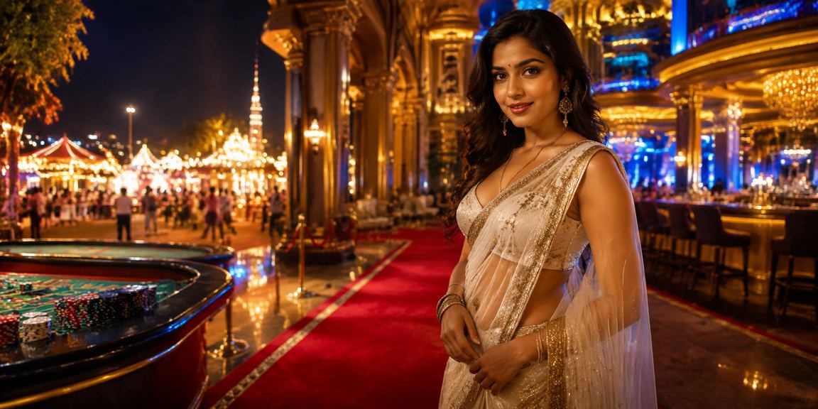 Indian woman enjoying mobile card games in traditional saree